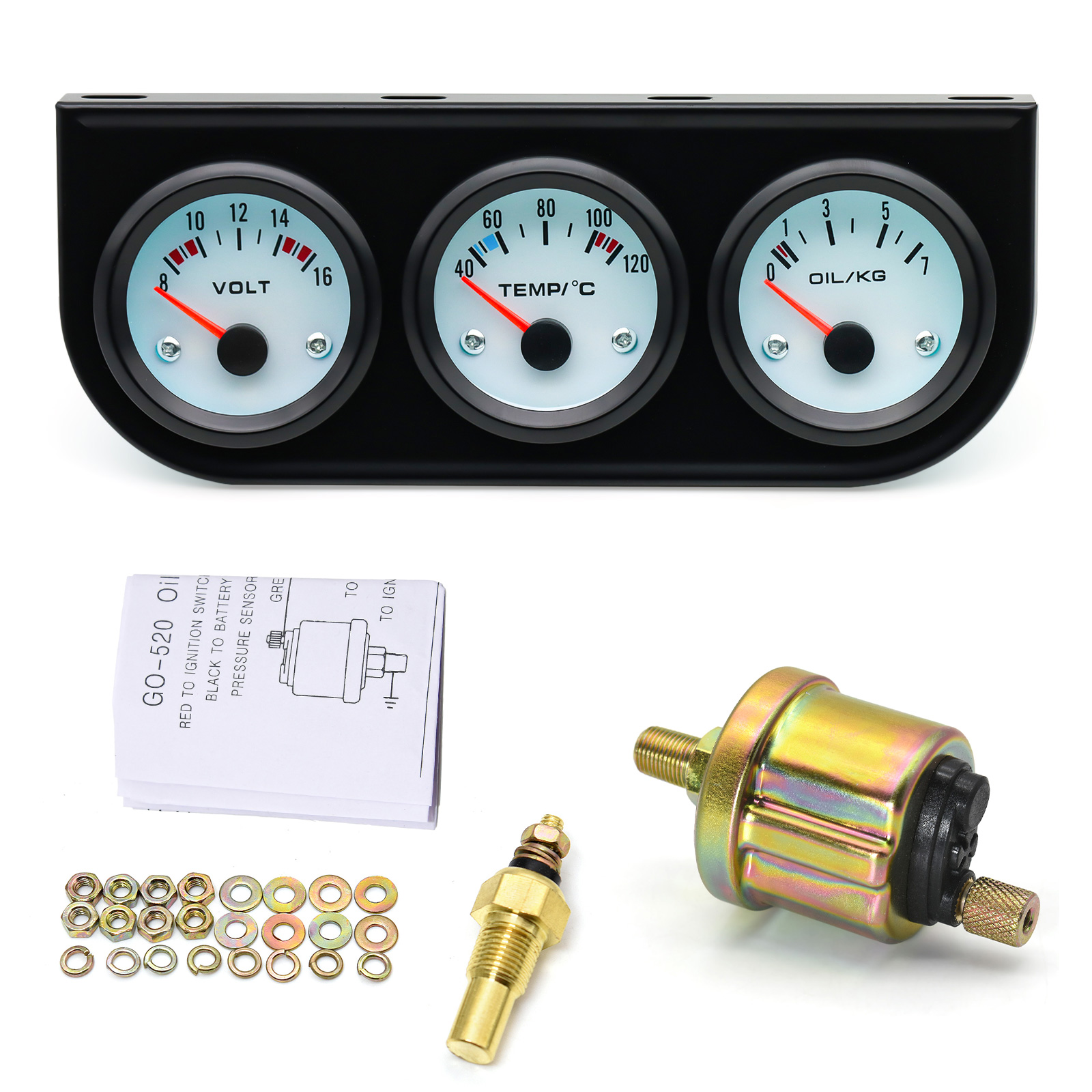 52mm Triple Kit Voltmeter/Oil Temp Gauge + Water Temp Gauge + Oil Pressure Gauge With Sensor 3IN1 Car Meter for Gasoline Car 12V