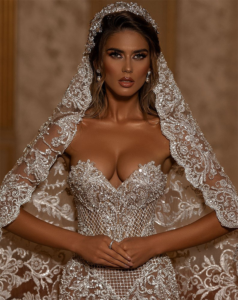 Modern Crystals Beaded Satin Wedding Dress With Detachable Train Long Sleeves Chapel Bridal Gowns Pleats White Garden Bride Dresses Spring Vestido De 