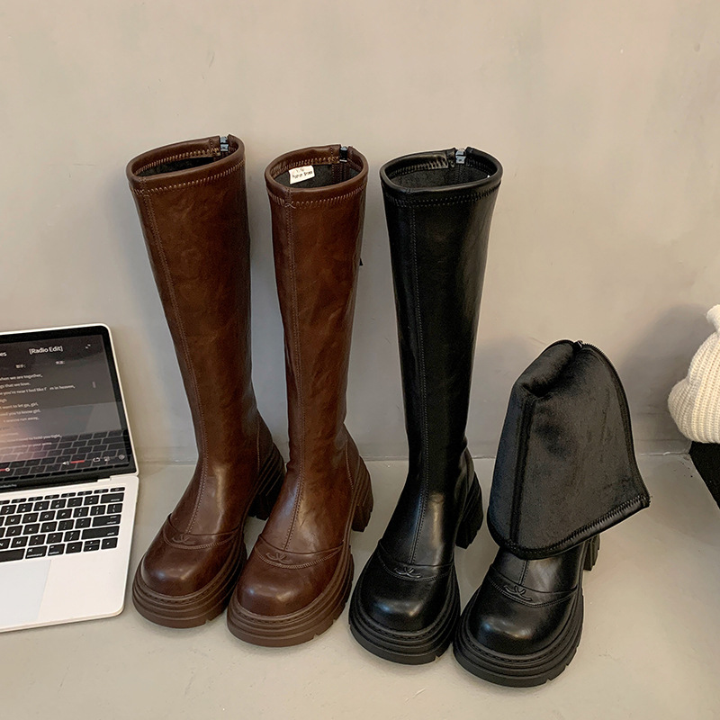 Women's Boots:Winter Fleece Warm Long Boots Simple Design Versatile Leisure Style Comfort Thick Sole Increase Height,Black/Brown,Free shipping 11