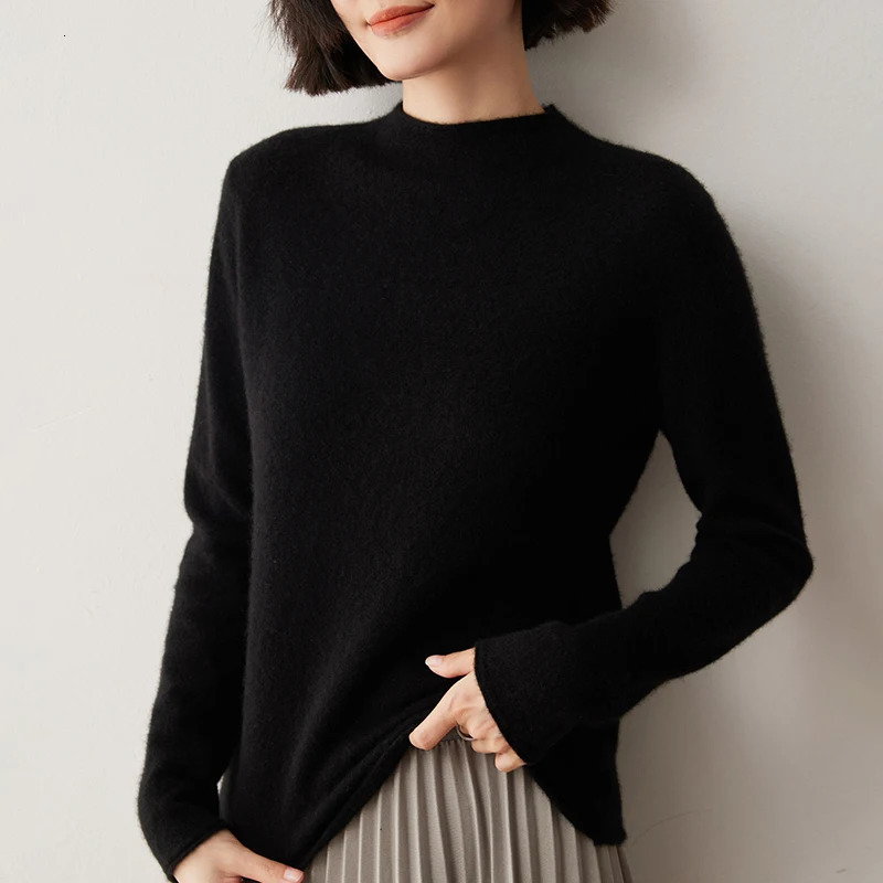 Womens rolled edge semi high neck cashmere sweater autumn and winter long sleeved solid color basic latte art skydiving knitted top 241113