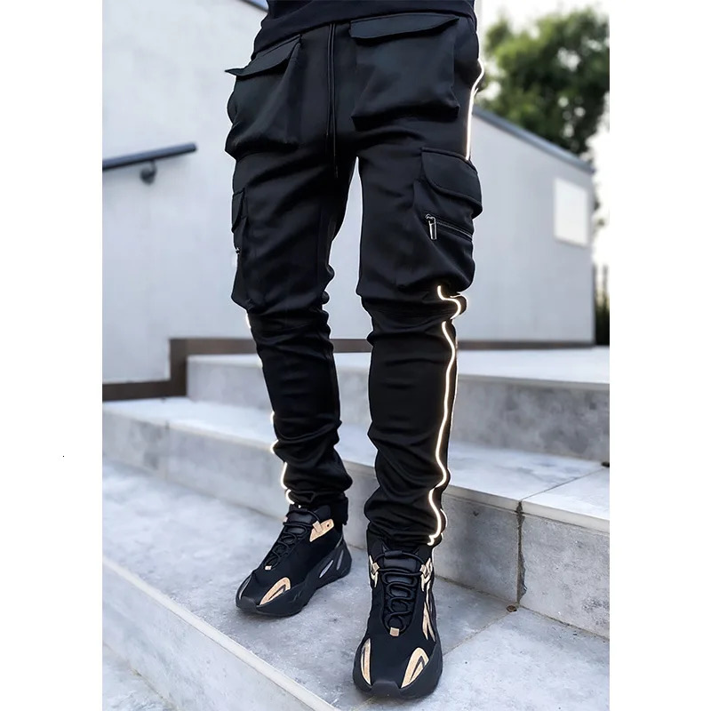 Spring and summer commodity pants mens fashion elastic multi pocket reflective straight leg sports casual pants 241113