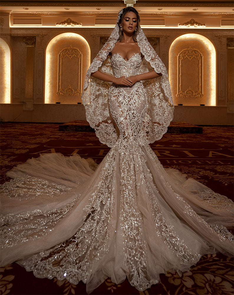 Modern Crystals Beaded Satin Wedding Dress With Detachable Train Long Sleeves Chapel Bridal Gowns Pleats White Garden Bride Dresses Spring Vestido De 
