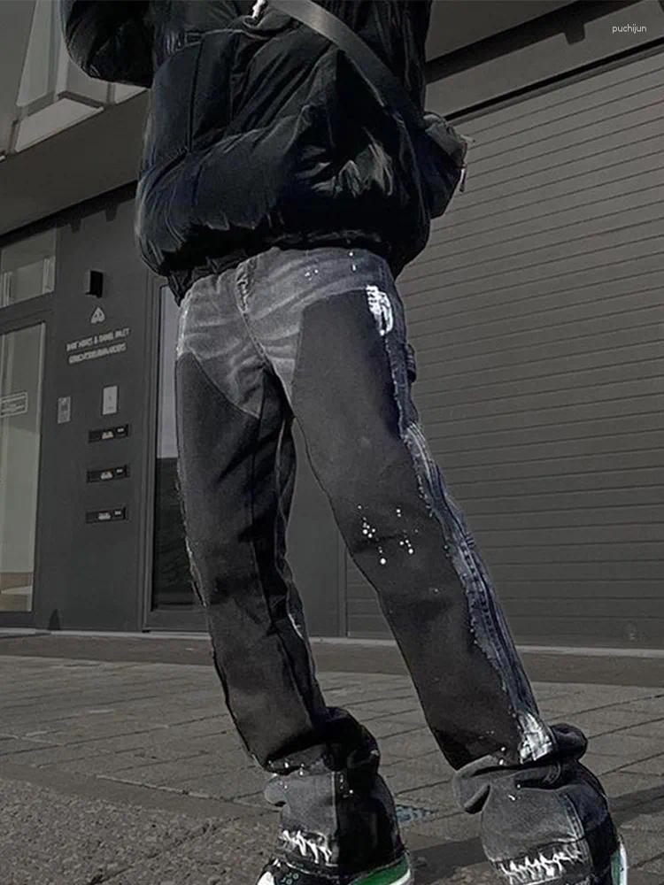 2025 S Fashion Designer Men S Jeans Fashion Cargo American Retro High Waist Tie Dye Patchwork Work Denim Pants Straight Layered Flared Trousers
