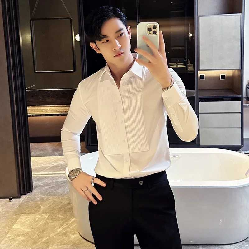 Groom Wedding Party Dress Shirt Mens Fashion Pleated Design Slim Fit Shirt Men Formal Long Sleeved Social Business TailcoatXJ24113