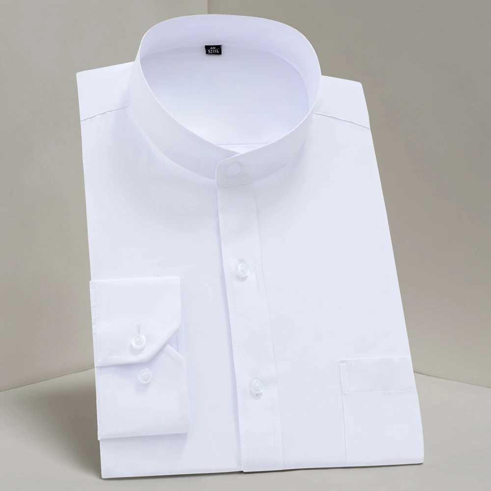 Mens Long Sleeve Mao-collar (Mandarin Collar) Shirt Single Patch Pocket Smart Casual Regular-fit Business Office Dress ShirtsXJ24113