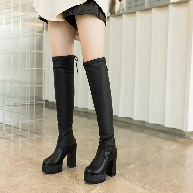 Winter sexy boots tight fitting knight suede round head combat women warm sliding over knees Botines De Mujer black long Botas 241113