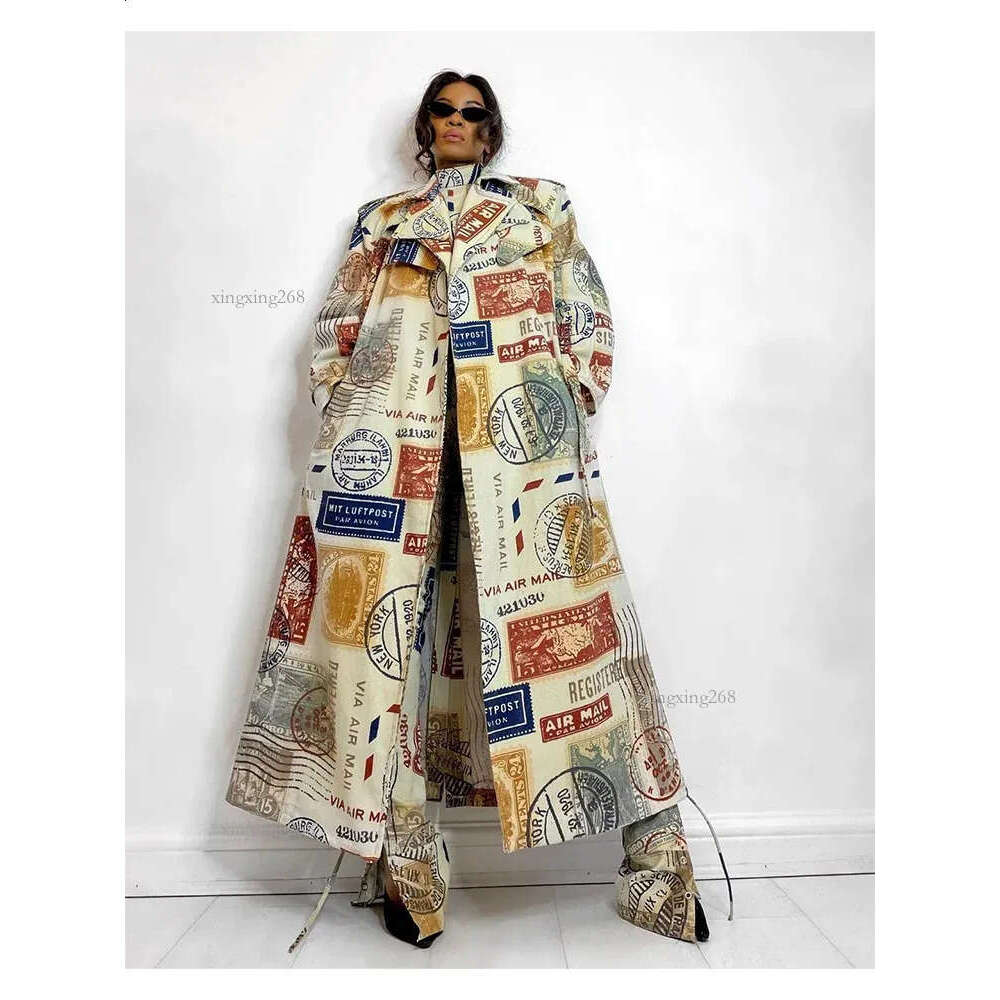 Womens oversized trench coat grass printed long stand up collar and lapel pocket street outerwear jacket 240826