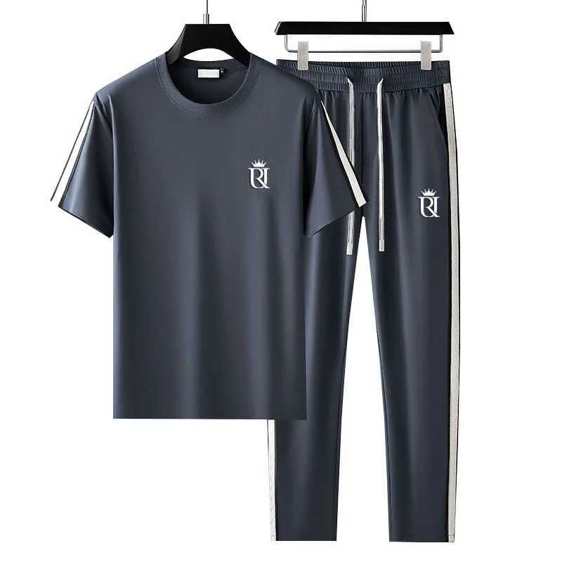 Mens 2024 Summer New Fashion Trend Ice Silk Sportswear Mens Casual Relaxation Comfortable Breathable Large Size Two Piece Set L-4XL X241113