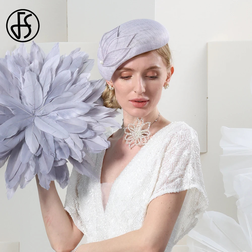 FS Literary Versatile Beret Light Gray Sinamay Hats Fascinators For Women Elegant Cocktail Party Headdress Lady Cap 240412