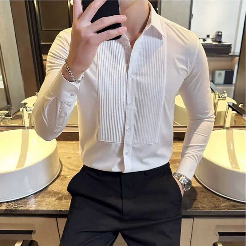 Groom Wedding Party Dress Shirt Mens Fashion Pleated Design Slim Fit Shirt Men Formal Long Sleeved Social Business TailcoatXJ24113