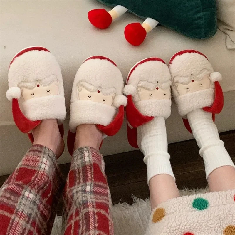 Cute Santa Claus Mens Indoor Non slip Woolen Leather Shoes Couple Winter Warm Cotton Slippers Christmas Party 241113
