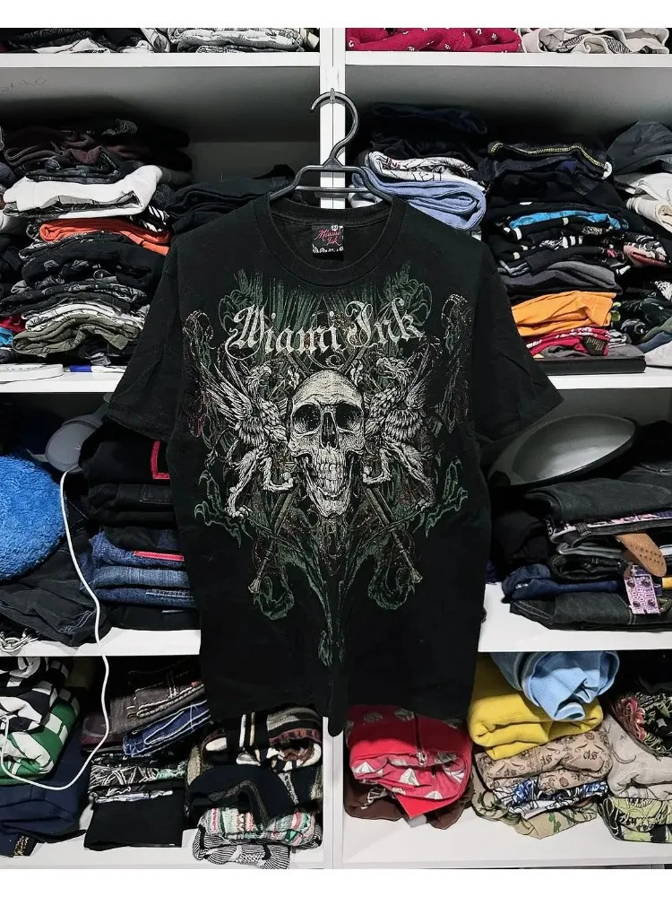 2024 American Retro Skull Vintage Harajuku Hiphop Round Neck Oversized Tshirt Men And Women Y2K Gothic Tops Streetwear 240402