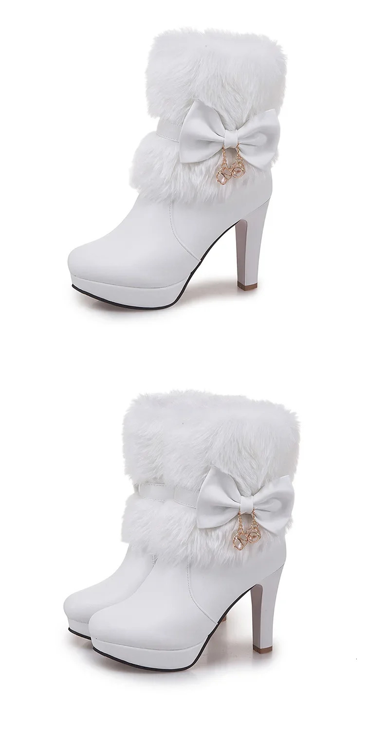 Elegant bow warm fur womens ankle boots womens high heels cute pearl Lolita pump party wedding shoes Plus size 32-43 white 241113
