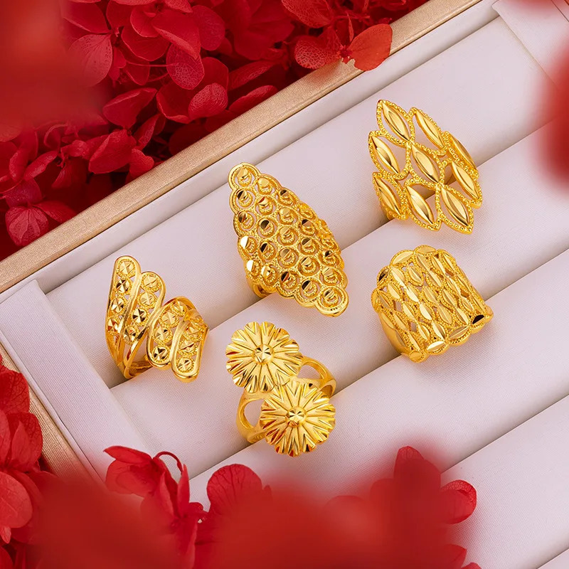 14 K pure gold hollow flower large ring for female brides pure gold ring for female brides birthday party jewelry gift 241113