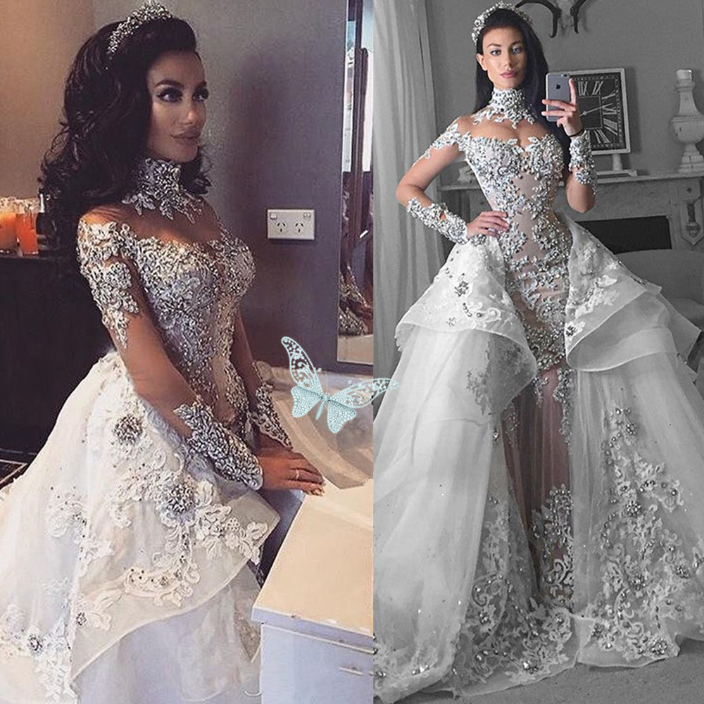 Luxury Wedding Dress White Satin Pearls Beading Mermaid Bridal Gowns with Detachable Train Strapless African Bridal Long Plus Size 02