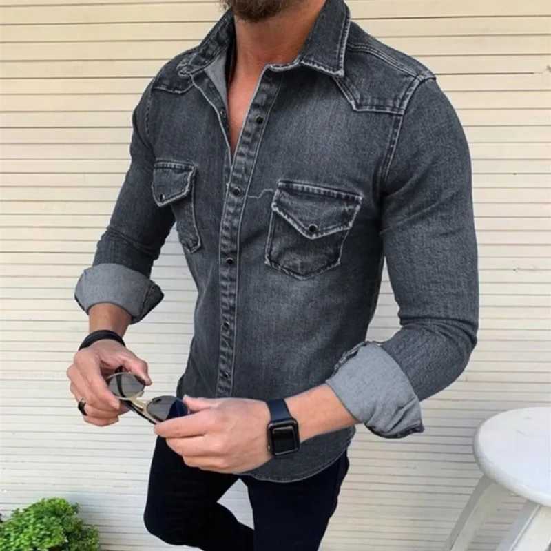 ZOGAA Mens Solid Color Soft Elastic Washed Denim Shirt Slim Fit Long Sleeve Casual High Quality Denim Shirt CoatXJ24113