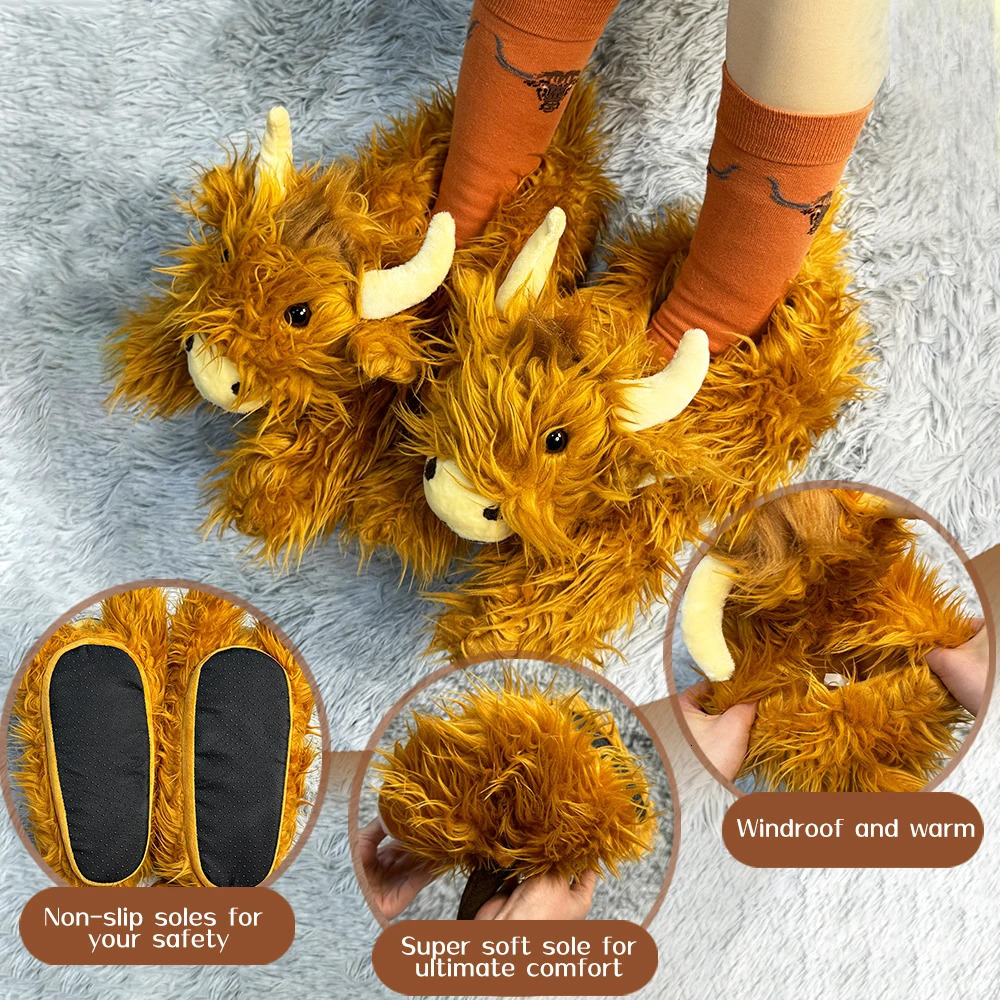 Highland Cow plush slider with socks womens fluffy cow slider warm soft house animal shoes Christmas gift 241113