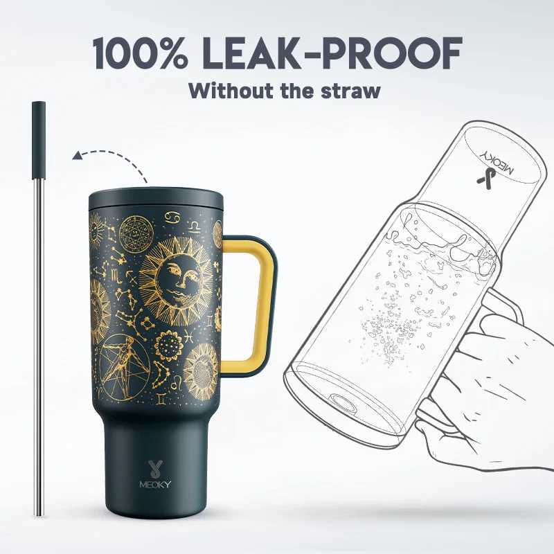 Meoky 40oz handle straw hot cup Mtiple printed stainless steel bottle vacuum cleaner car g best Christmas gift Y241114