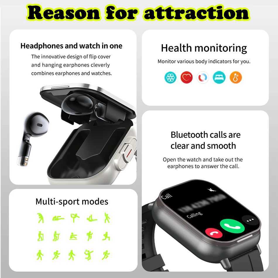 2024 2-in-1 smartwatch with headphones smartwatch mens call watch GPS tracking rate monitor music playback smartwatch Y241114
