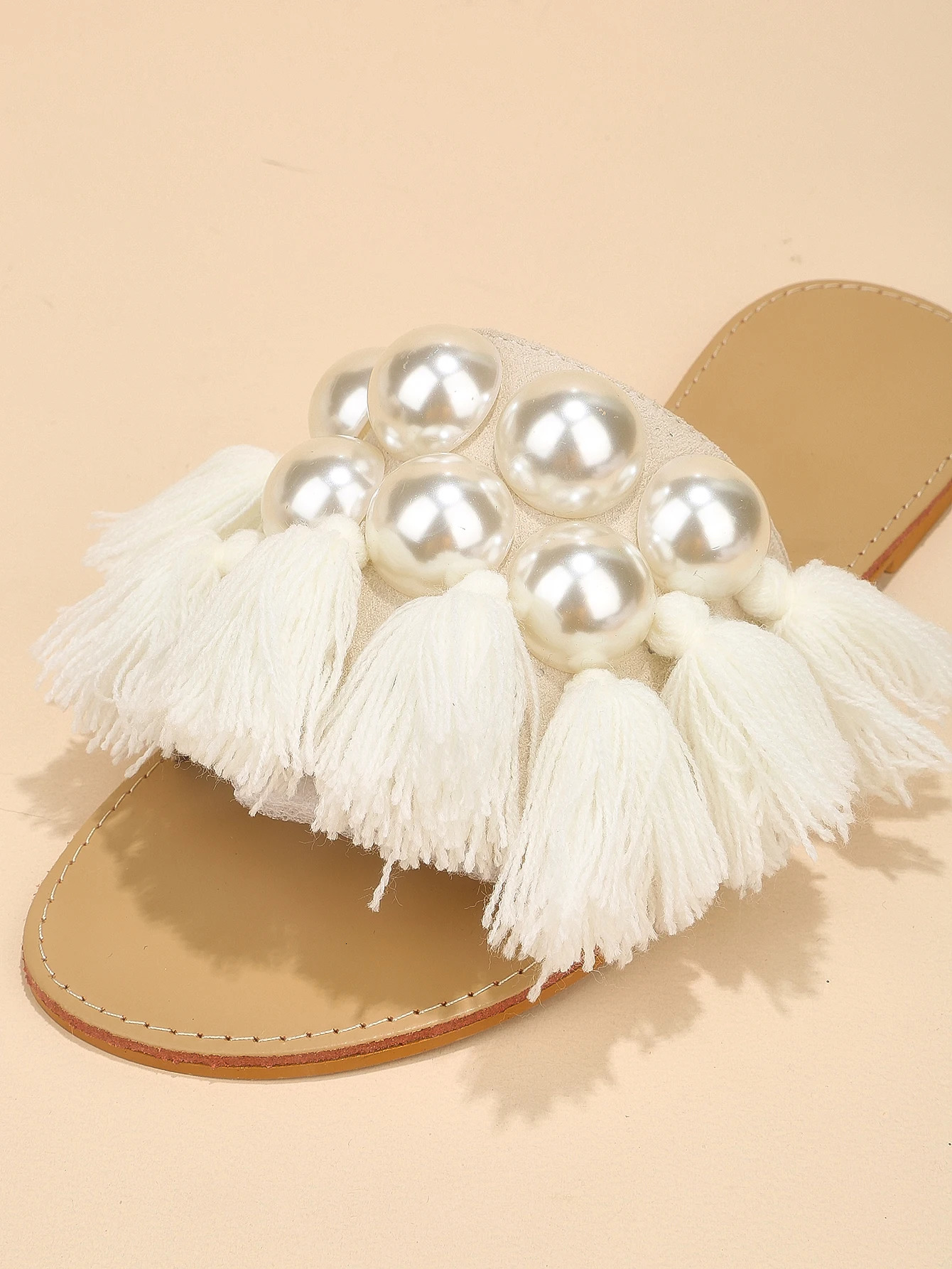 White fur pearl rhinestone home shoes vacation slippers 241113