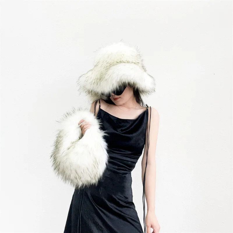 Winter Womens High Fashion Hat Fur Bucket Hat for Girls Fluffy Fisherman Hat With Fur Handbag Set 241113