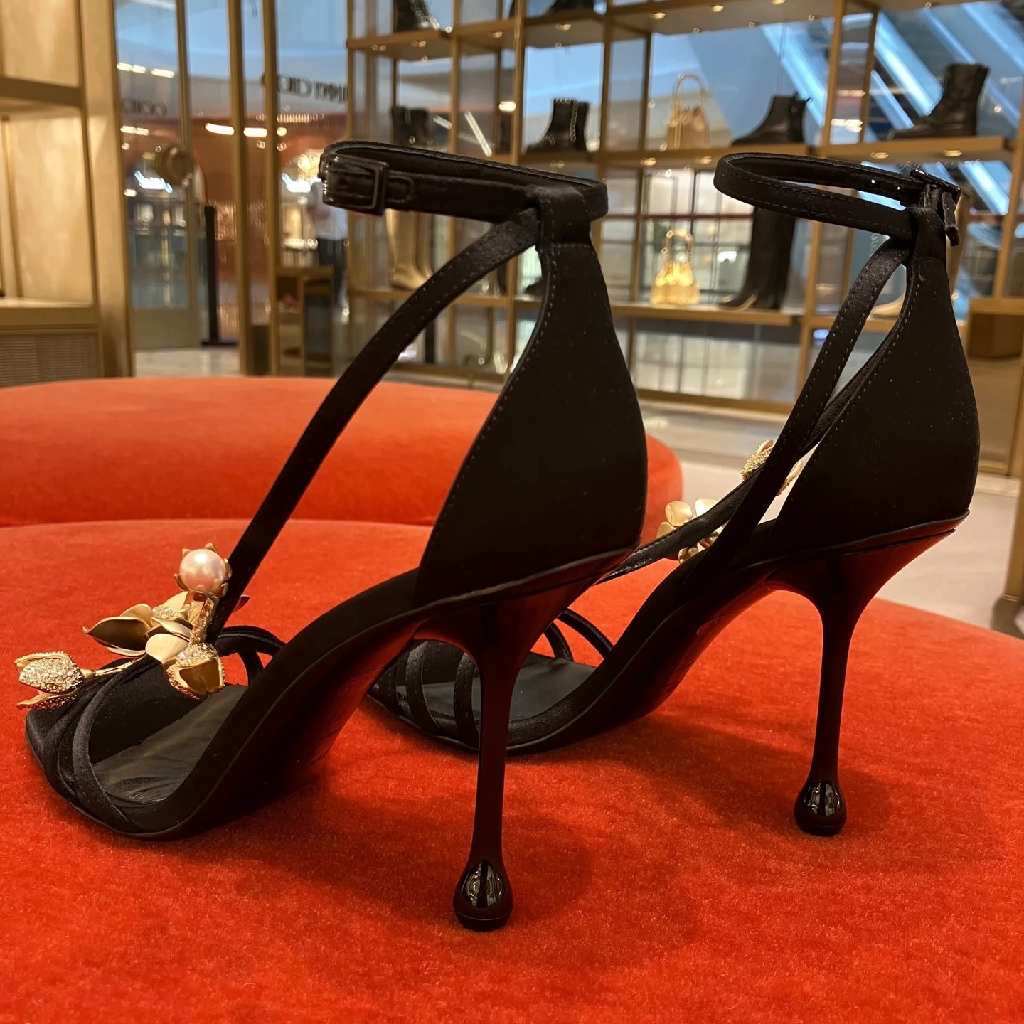 Golden Flower High Heels Womens Silk er Sandals Metal Flower Square Shoes Pointed Stiletto Party Dress Shoes Pump 241113