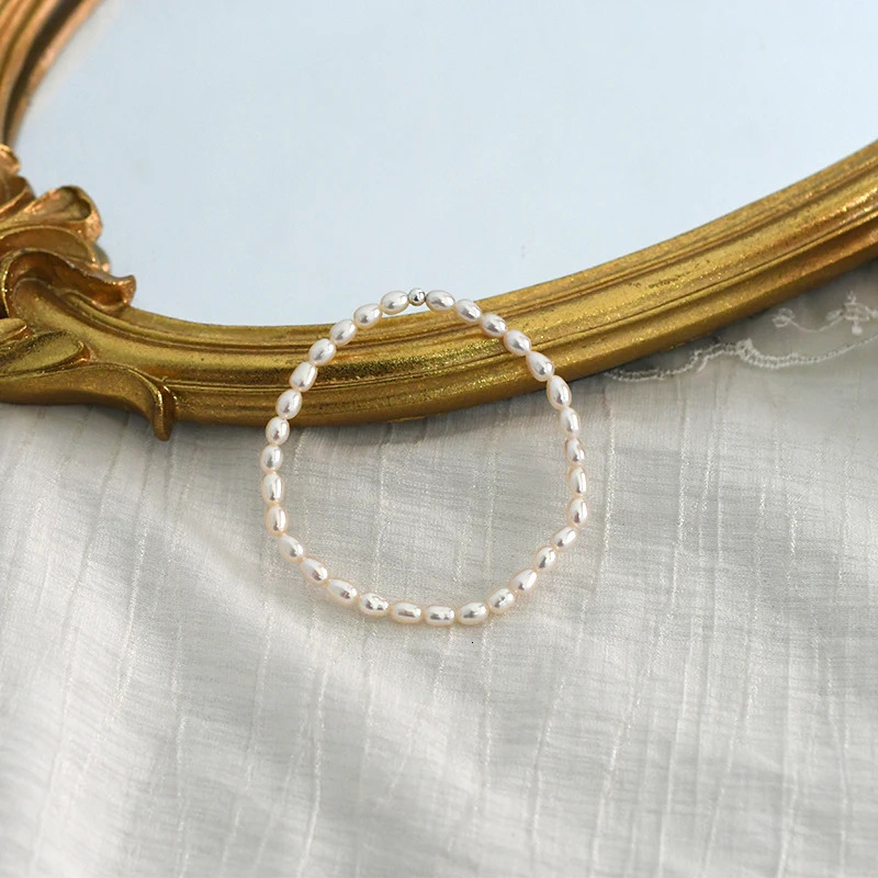 ASHIQI Real Natural Freshwater Rice Pearl Bracelet 925 Silver Bead Elastic Rope Jewelry 241113