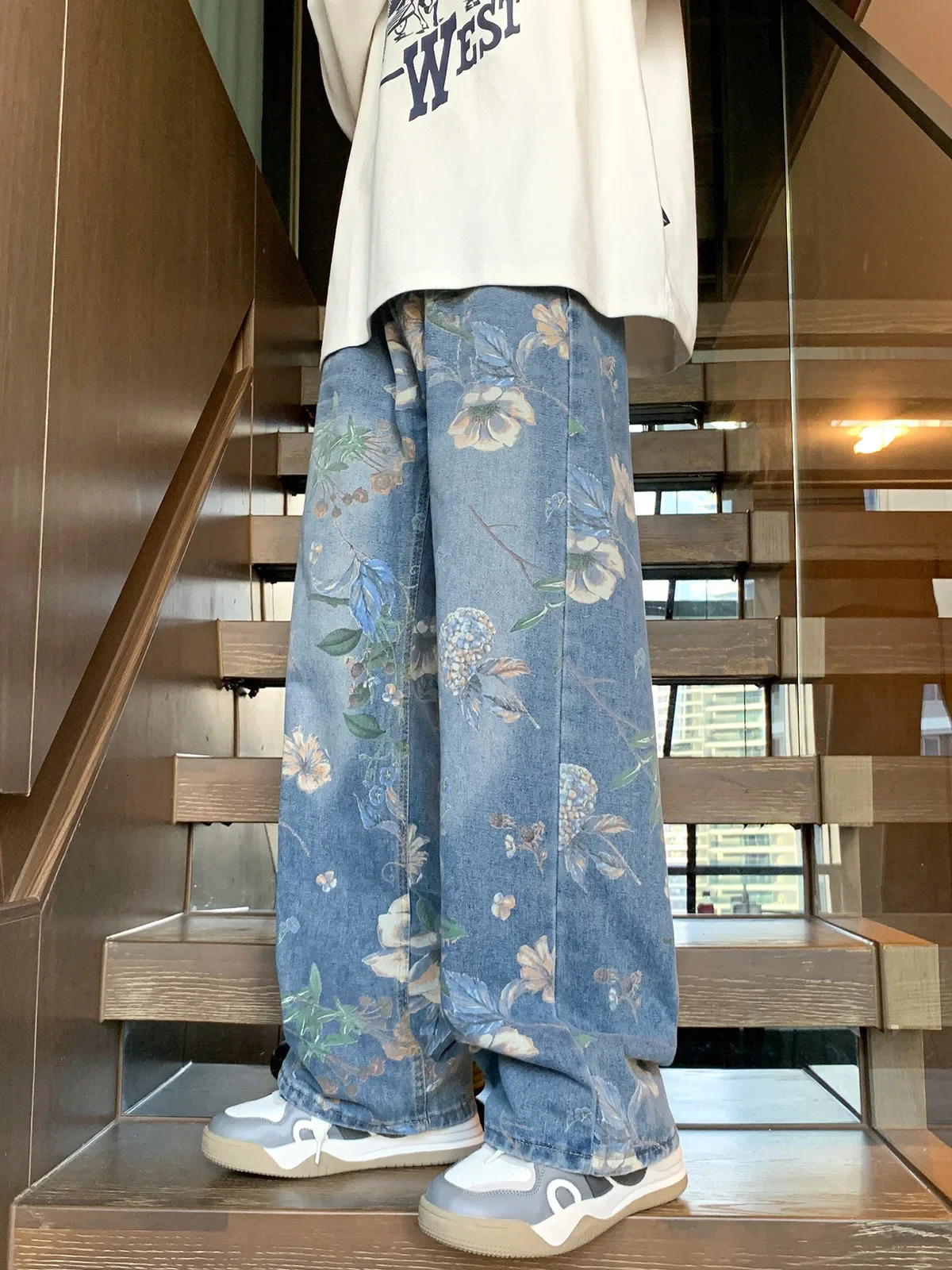 American Style Street Printing Jeans For Men Loose Fit Versatile n Sensibility Bell Bottoms Casual Scene Autumn Trendy 241112