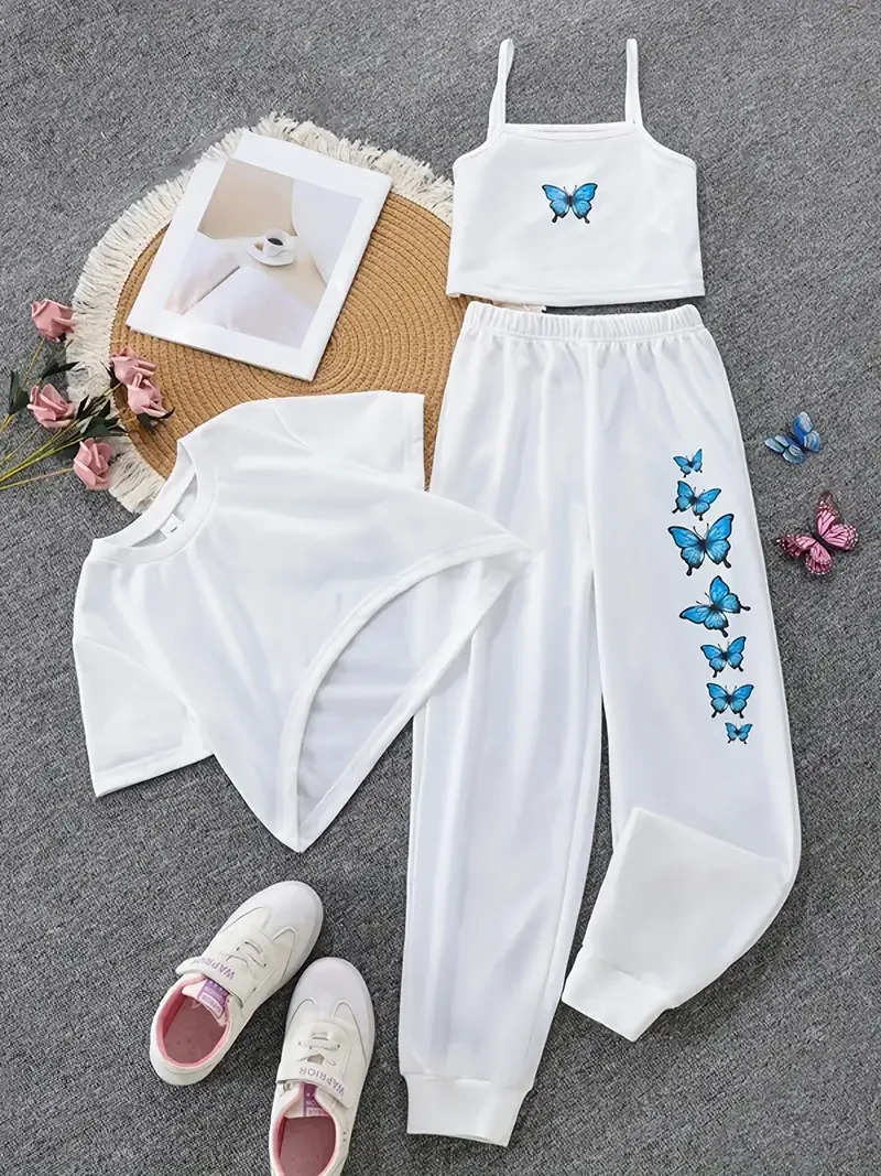 girls spring long sleeved topheartshaped vestlong pants childrens set casual sports pure cotton girl top and 240408