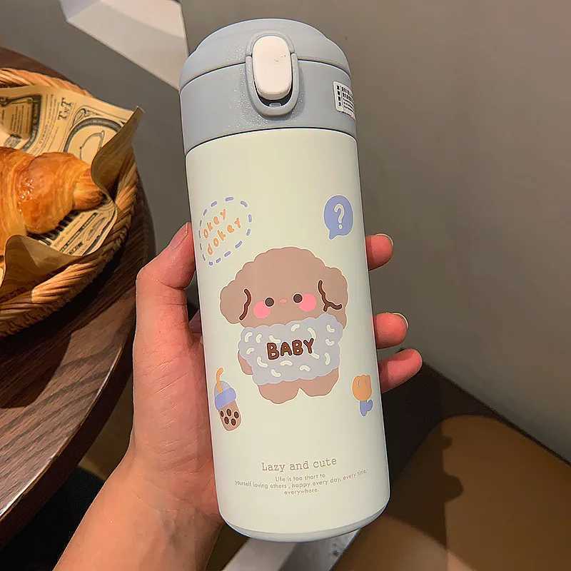 380ML stainless steel hot water bottle vacuum suction cup cute cartoon hot water bottle girl crazy straw cup beverage Y241114