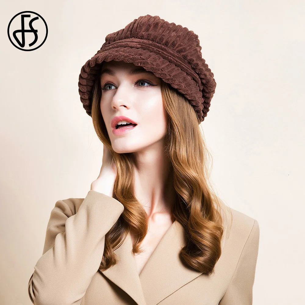 FS Brown Beret Hats For Women Beige Octagonal Hat Fashion Versatile Corduroy Fedora Vintage Black sboy Cap Spring 240412