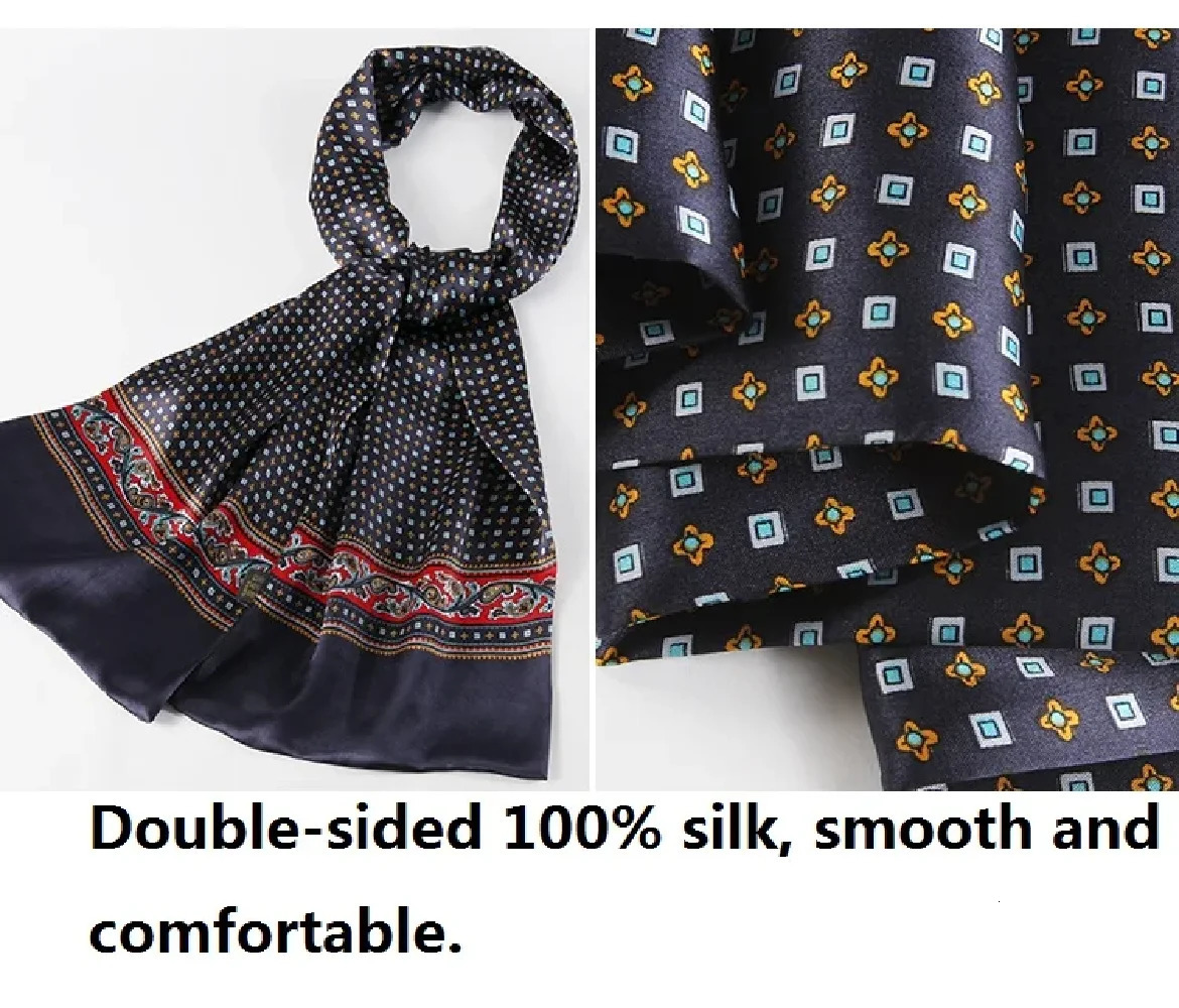 Mens 100% mulberry silk scarf with double layered long neckline office business tie in blue black and red241114