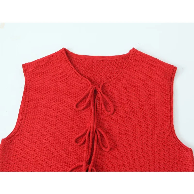 TRAF Bow Tied Vests For Women V Neck Short Knitted Sleeveless Vest Jacket Woman Waistcoat Streetwear Outerwear 241113