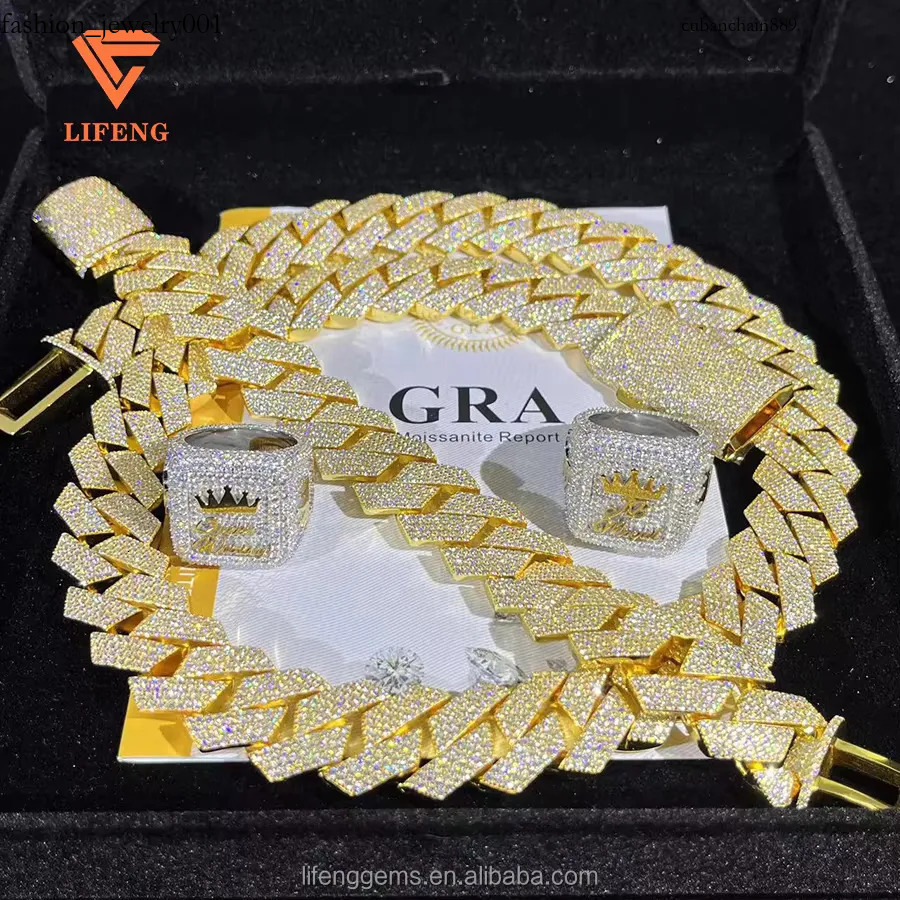 Miami VVS Moissanite Cuban k Chains 20mm Iced Dia Solid Man Necklace Sier Gold Plated Hiphop Fine Jewelry Set Men