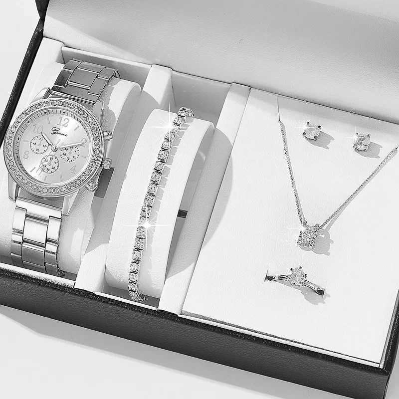 Women Quartz Watch Luxury with Diamonds Simple Stainless Steel Strap Clock Ring Necklace Earrings Rhinestone Set Reloj (no Box)XJ241109