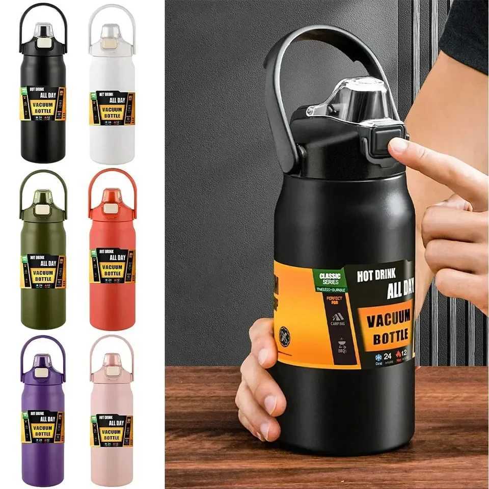 Portable hot and cold coffee cup with straw sports vacuum valve 304 stainless steel water bottle Y241114