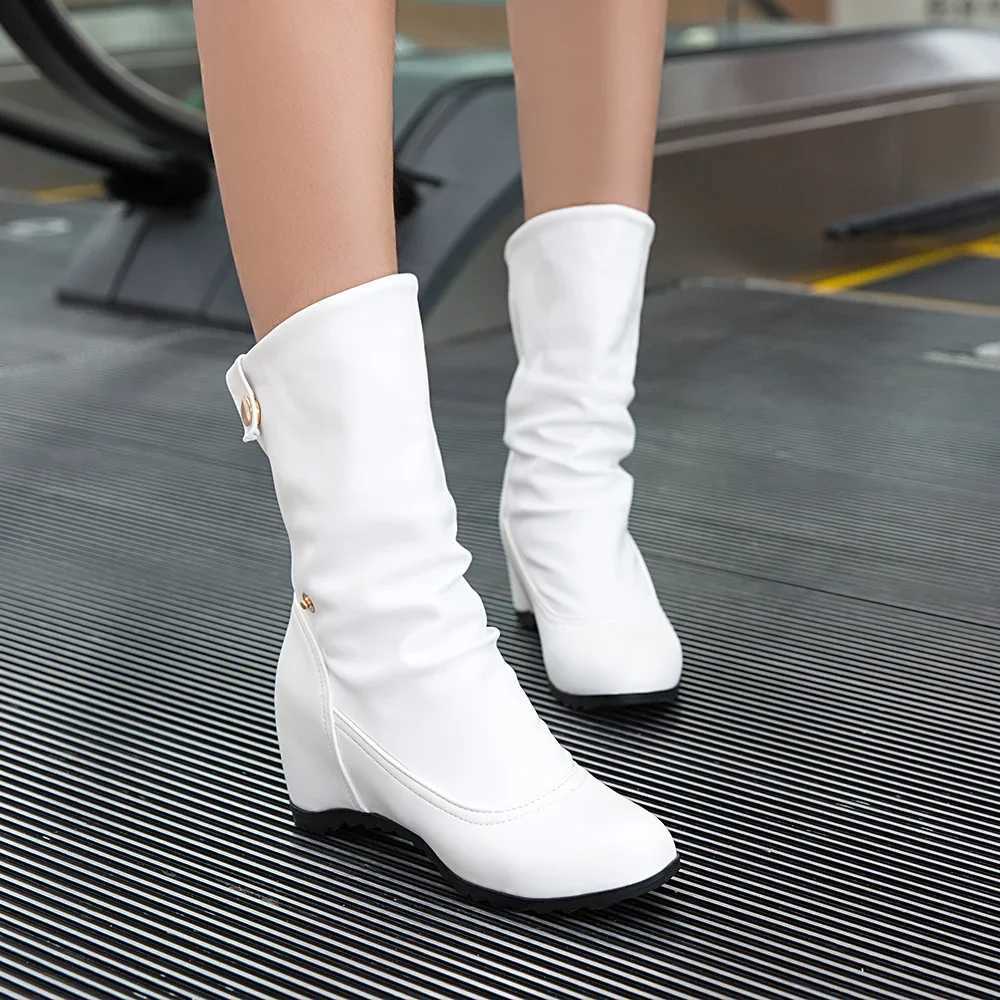 High Quality Womens Wedge Boots Plus Size 33-43 Spring and Autumn Flat Lg Pu Soft Leather Motorcycle Boots White Black T241113