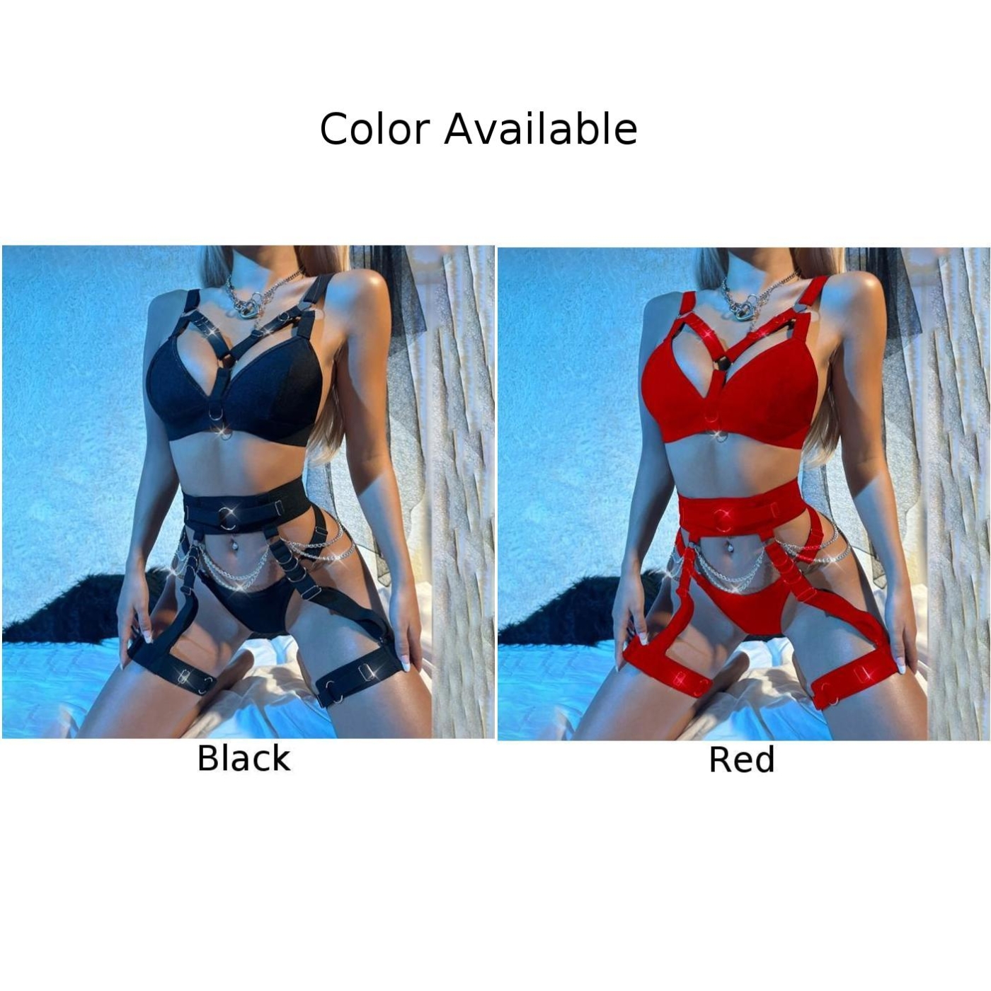a Women Piece Lingerie Sexy Chain Bra G String Garter Set Nightwear Gothic Metal Perspective Underwear With Belt arter othic