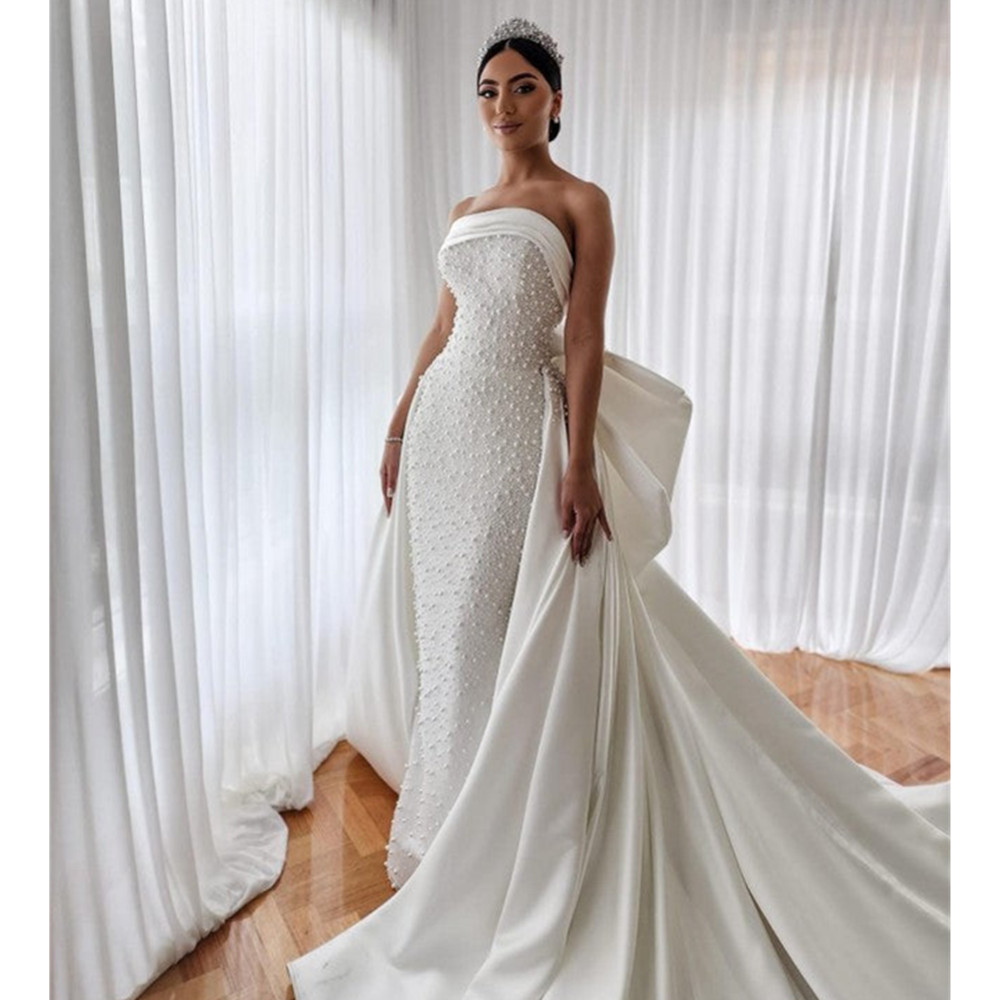 Luxury One Shoulder Wedding Dresses Beaded Pearls Bridal Gown Full Sleeve Formal Gowns Mermaid Evenings Dresses for Weddings Robes De Mariee 01