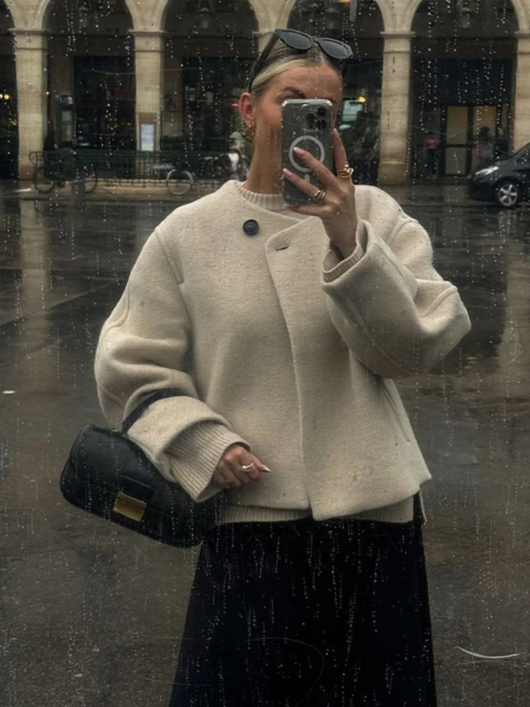 Elegant Solid Wool Mixture Winter Coats Fashion One Button Oneck Warm Lady Jacket 2024 Long Sleeve Allmatch Outwear 241113