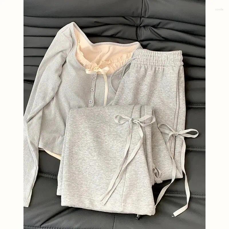 Women's Pants Y2k Spring Korean Version Of Wearing A Gray Casual Female Bow Design Super Sweet High Waist Slim Wide Leg Two Piece