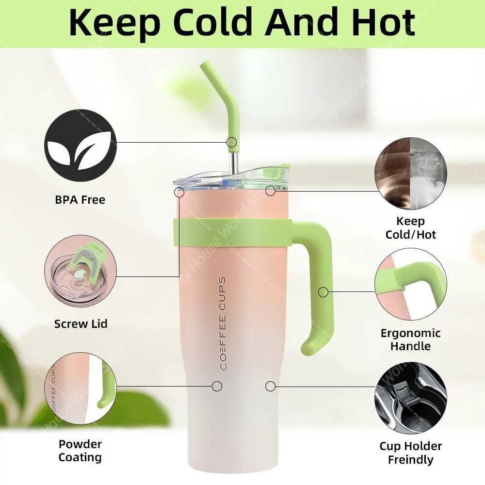 40 oz stainless steel hot bottle with handle straw gradient large capacity coffee cup inflatable hot bottle g Y241114