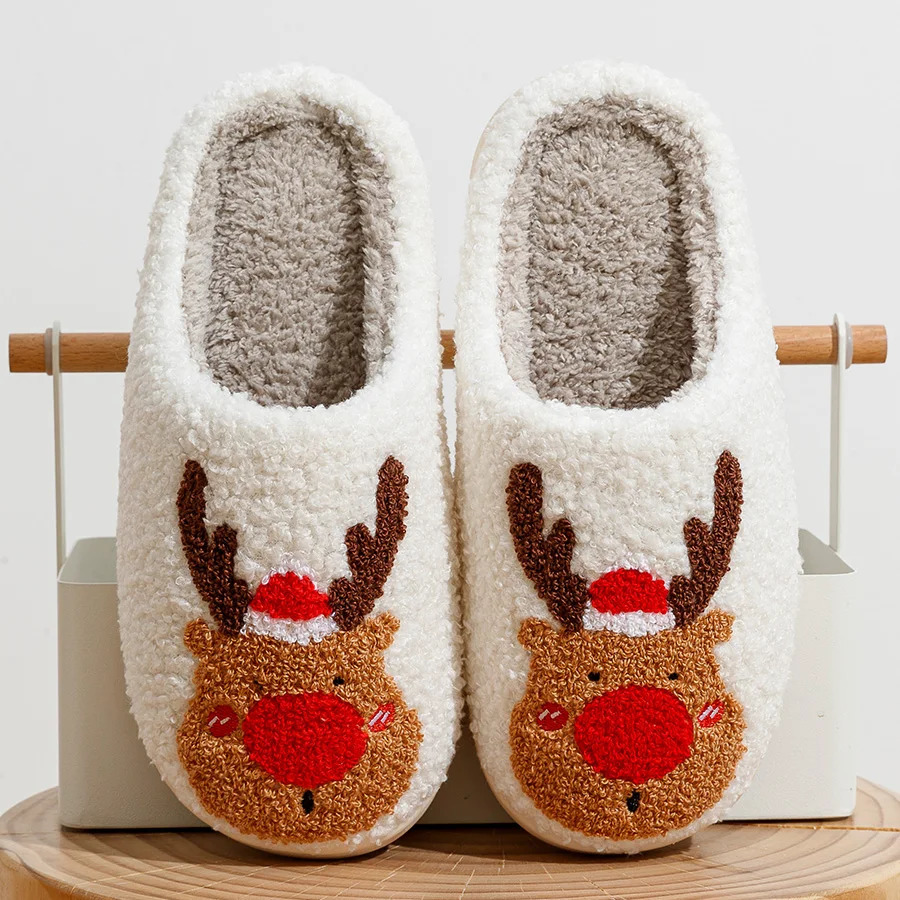 Cute reindeer Christmas slider warm and soft TPR thick bottomed womens home cushion slider for winter 241113