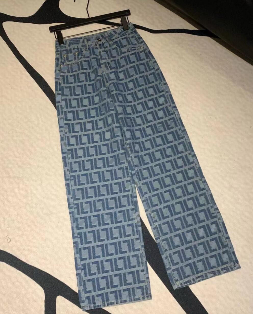 New designer women high waist all over logo letter jacquard denim jeans loose long pants trousers SMLXLXXL3XL