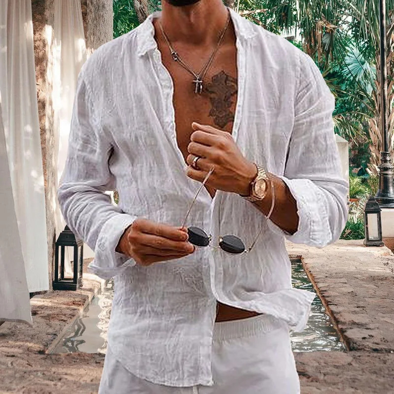 linen mens long sleeved lapel loose and comfortable mens shirt for spring and summer solid casual shirt mens clothing 241113