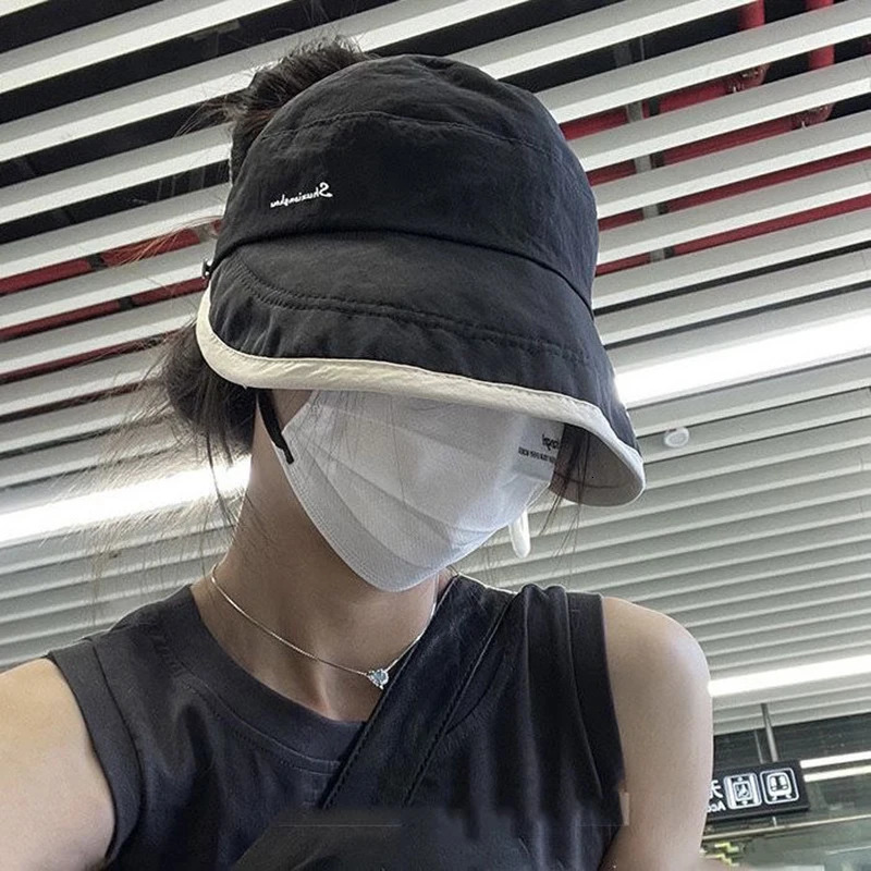 Fashion Empty Top Wide Brim Sun Hat For Women Anti UV Sunscreen Bucket Female Protection Outdoor Beach Cap Fisherman 240403