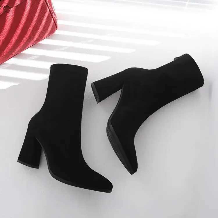 High Quality Ankle Chunky High Heel Sock Boots Wen Autumn Fi Pointed frosted suede short boots Fem Pumps sexy warm boots T241206