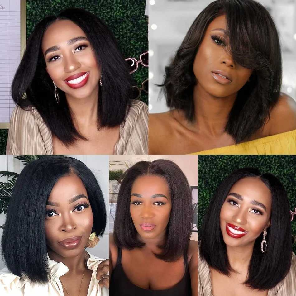 13X4 Glueless Kinky Straight Bob Lace Frontal Wigs Ready To Wear 100% Human Hair Wigs Yaki Brazilian Short Bob HDTransparent WigXJ241227