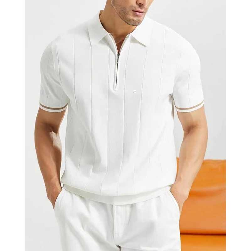 Summer mens clothing lapel zipper polo shirt fashionable business casual vertical line loose solid short sleeved thin top 2024 241113