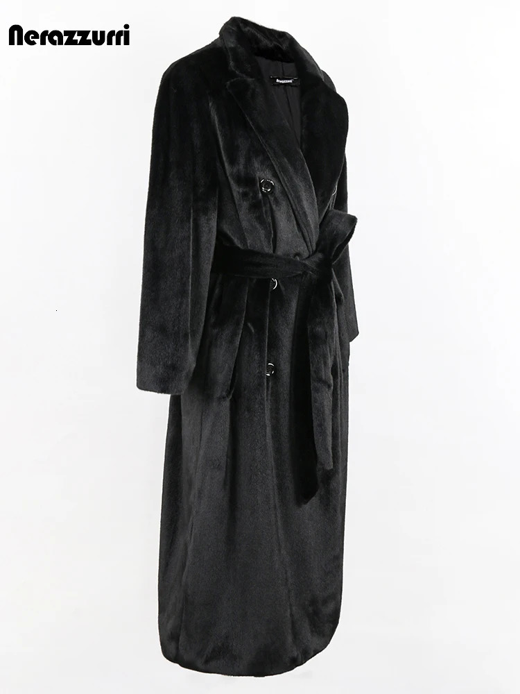 Sapphire Winter Long Black Warm Soft Fluffy Artificial Mink Trench Coat Womens Belt Double Chest Cool European Fashion 241113